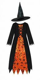 Kids’ Orange & Black Witch Costume – Dress & Hat white background product image