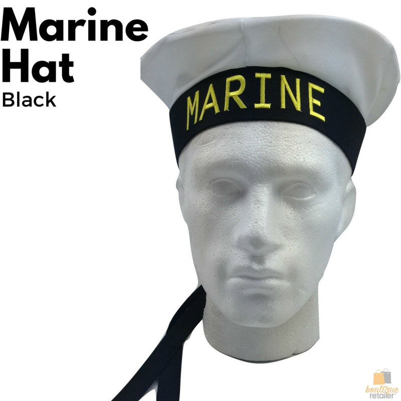 MARINE HAT Cap White BLACK Skipper Navy Sea Fancy Dress Sailor Costume Accessory - NuSea