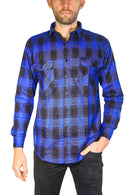 Mens Flannelette Long Sleeve Shirt 100% Cotton Check Authentic Flannel - Full Placket - Royal Blue - M - NuSea