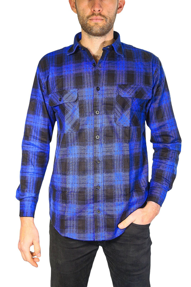 Mens Flannelette Long Sleeve Shirt 100% Cotton Check Authentic Flannel - Full Placket - Royal Blue - M - NuSea