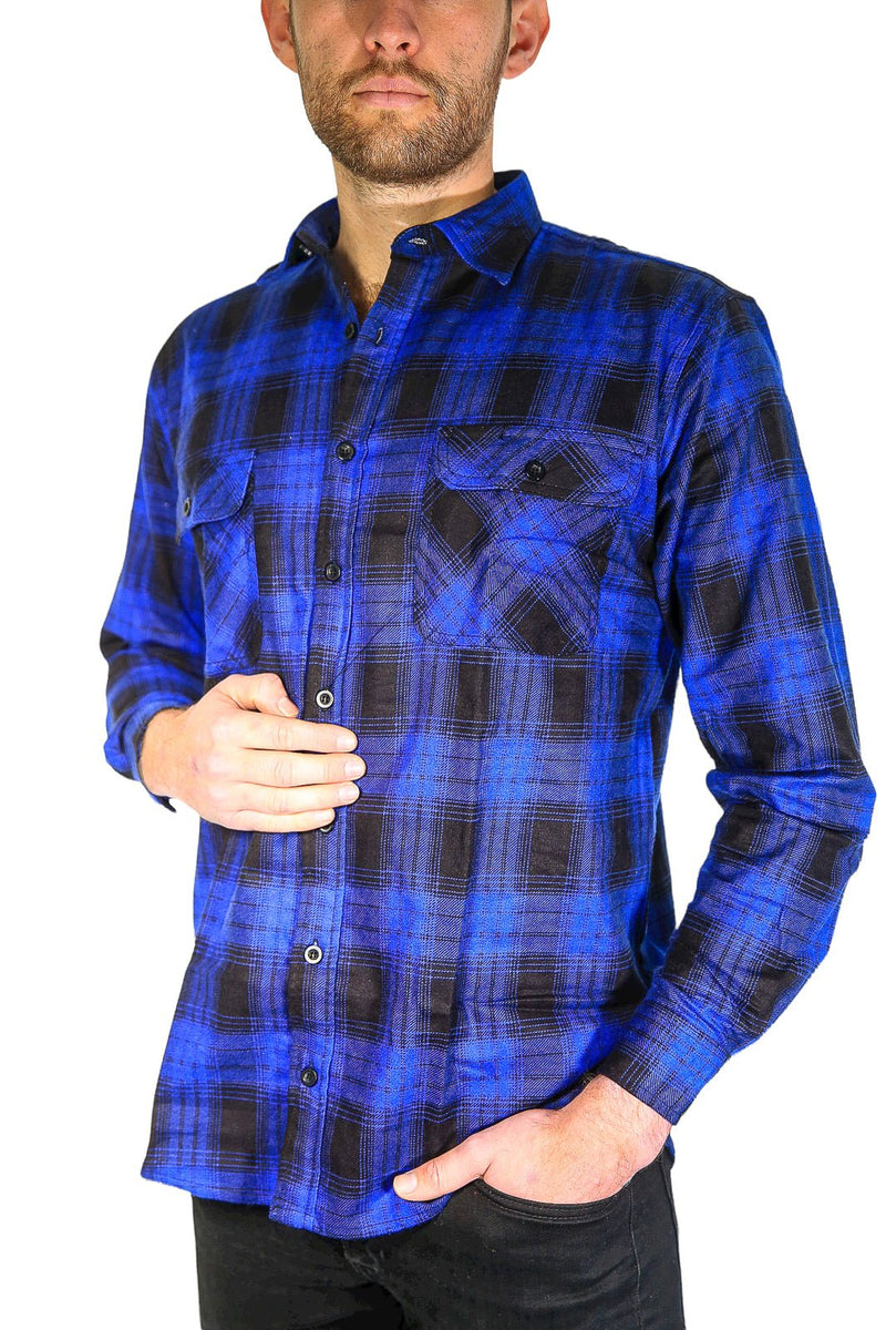 Mens Flannelette Long Sleeve Shirt 100% Cotton Check Authentic Flannel - Full Placket - Royal Blue - M - NuSea