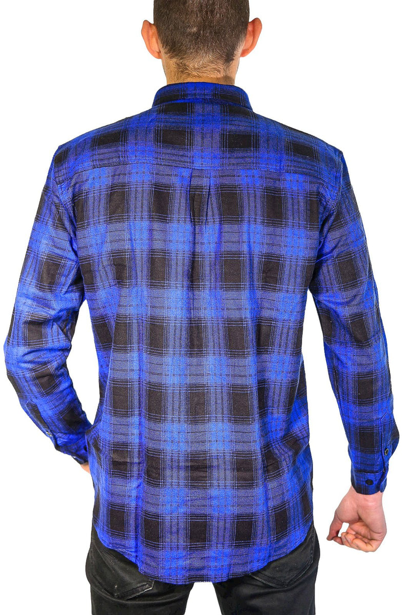 Mens Flannelette Long Sleeve Shirt 100% Cotton Check Authentic Flannel - Full Placket - Royal Blue - M - NuSea