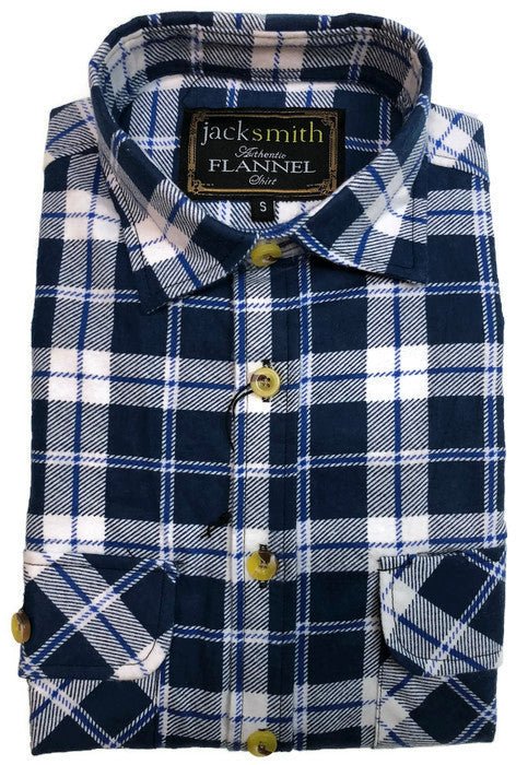 Mens Flannelette Shirt 100% Cotton Check Authentic Flannel Long Sleeve Vintage - White/Blue Denim - S - NuSea