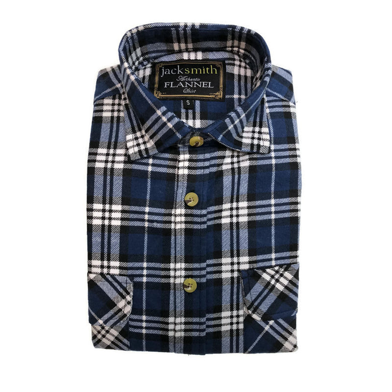 Mens Flannelette Shirt 100% Cotton Check Authentic Flannel Long Sleeve Vintage - White/Blue Denim - S - NuSea