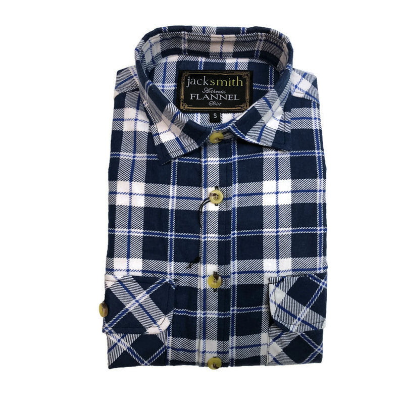 Mens Flannelette Shirt 100% Cotton Check Authentic Flannel Long Sleeve Vintage - White/Blue Denim - S - NuSea