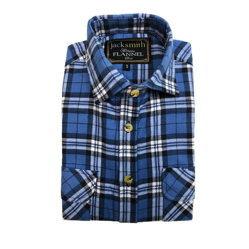 Mens Flannelette Shirt 100% Cotton Check Authentic Flannel Long Sleeve Vintage - White/Blue Denim - S - NuSea
