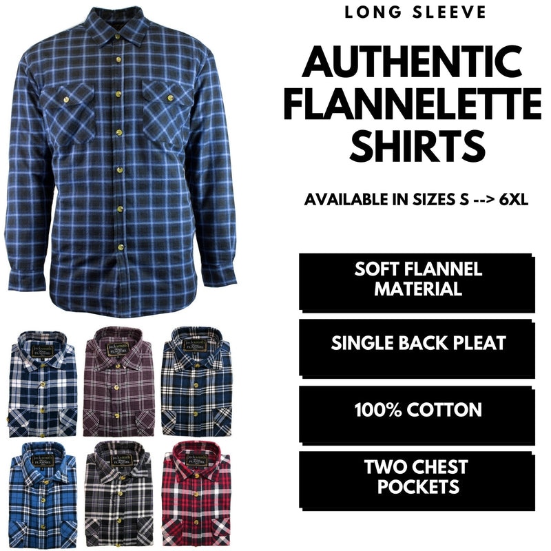Mens Flannelette Shirt 100% Cotton Check Authentic Flannel Long Sleeve Vintage - White/Blue Denim - S - NuSea