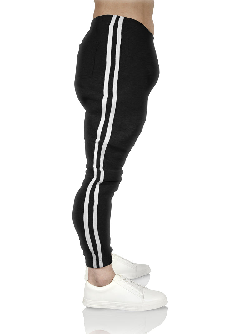 Mens Fleece Skinny Track Pants Jogger Gym Casual Sweat Trackies Warm Trousers - Black/White Stripe - L - NuSea
