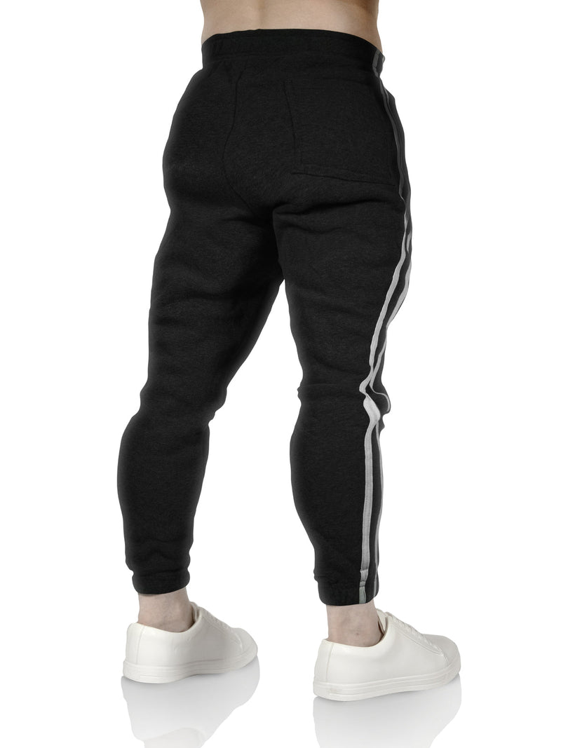 Mens Fleece Skinny Track Pants Jogger Gym Casual Sweat Trackies Warm Trousers - Black/White Stripe - L - NuSea