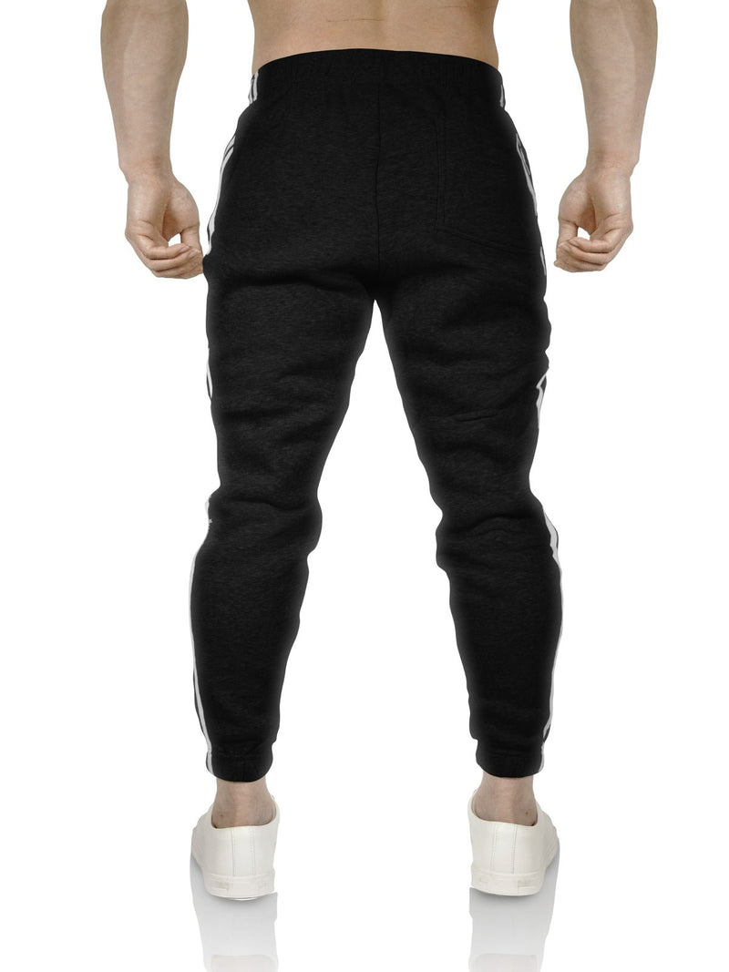 Mens Fleece Skinny Track Pants Jogger Gym Casual Sweat Trackies Warm Trousers - Black/White Stripe - L - NuSea
