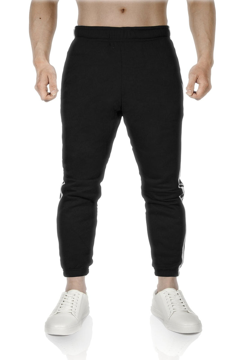 Mens Fleece Skinny Track Pants Jogger Gym Casual Sweat Trackies Warm Trousers - Black/White Stripe - L - NuSea