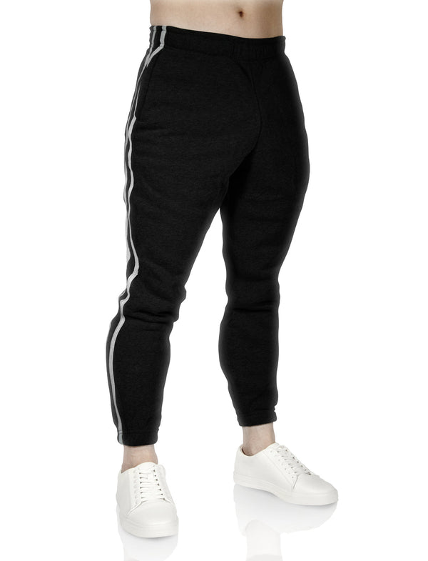 Mens Fleece Skinny Track Pants Jogger Gym Casual Sweat Trackies Warm Trousers - Black/White Stripe - L - NuSea