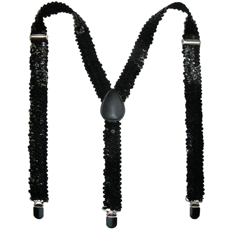 Mens Suspenders Braces Adjustable Strong Clip On Elastic Formal Wedding Slim - Black (Sequin) - NuSea