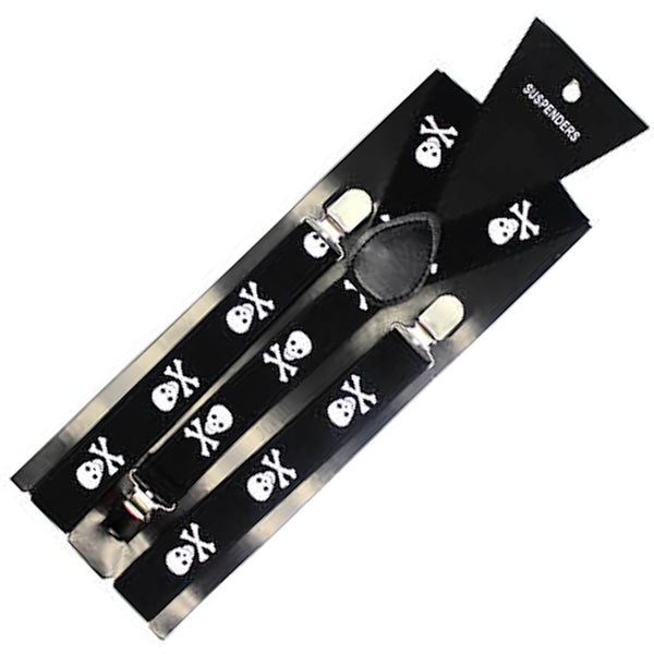 Mens Suspenders Braces Adjustable Strong Clip On Elastic Formal Wedding Slim - Black with White Skulls - NuSea