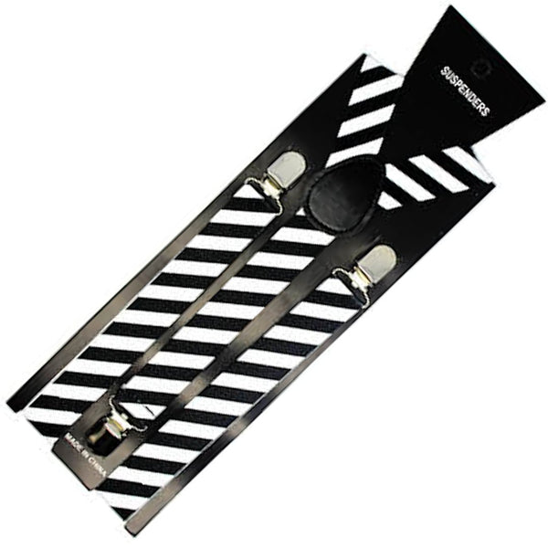 Mens Suspenders Braces Adjustable Strong Clip On Elastic Formal Wedding Slim - Black/White Diagonal Stripes - NuSea