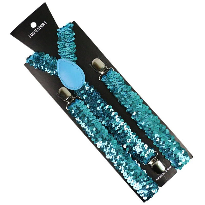 Mens Suspenders Braces Adjustable Strong Clip On Elastic Formal Wedding Slim - Blue (Sequin) - NuSea