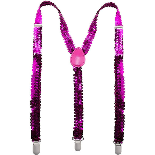 Mens Suspenders Braces Adjustable Strong Clip On Elastic Formal Wedding Slim - Hot Pink (Sequin) - NuSea