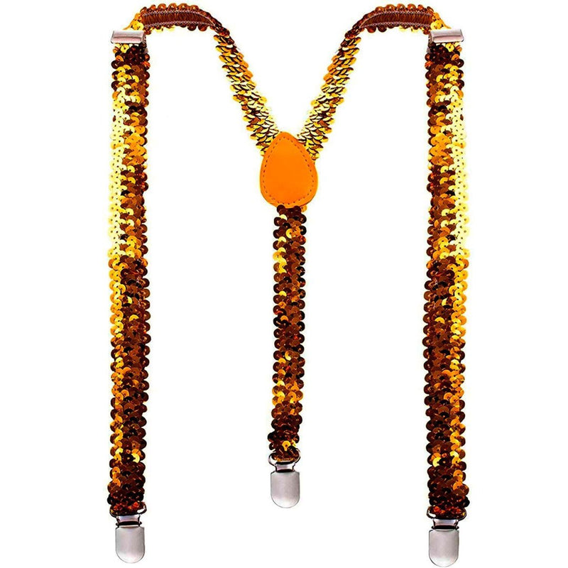 Mens Suspenders Braces Adjustable Strong Clip On Elastic Formal Wedding Slim - Orange (Sequin) - NuSea