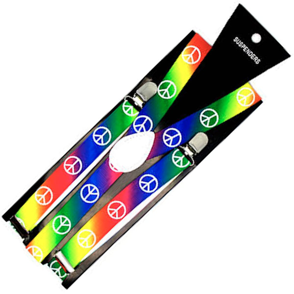 Mens Suspenders Braces Adjustable Strong Clip On Elastic Formal Wedding Slim - Rainbow with Peace Symbol - NuSea