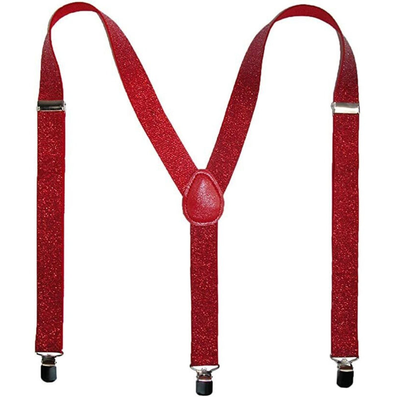 Mens Suspenders Braces Adjustable Strong Clip On Elastic Formal Wedding Slim - Red (Glitter) - NuSea