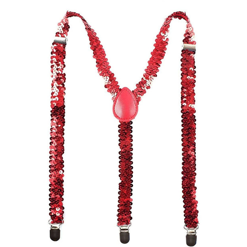 Mens Suspenders Braces Adjustable Strong Clip On Elastic Formal Wedding Slim - Red (Sequin) - NuSea