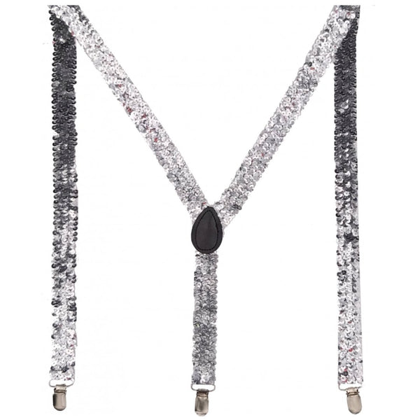 Mens Suspenders Braces Adjustable Strong Clip On Elastic Formal Wedding Slim - Silver (Sequin) - NuSea