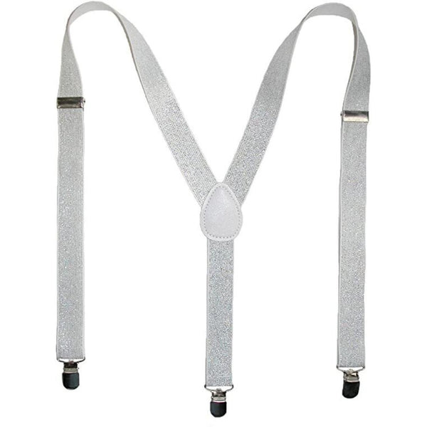 Mens Suspenders Braces Adjustable Strong Clip On Elastic Formal Wedding Slim - White (Glitter) - NuSea