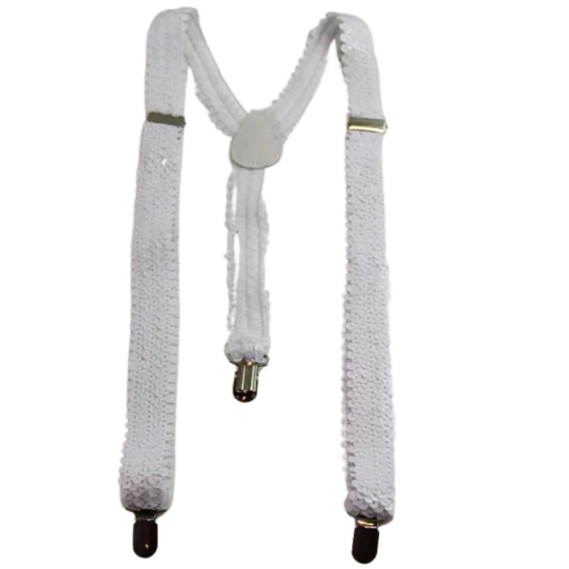 Mens Suspenders Braces Adjustable Strong Clip On Elastic Formal Wedding Slim - White (Sequin) - NuSea