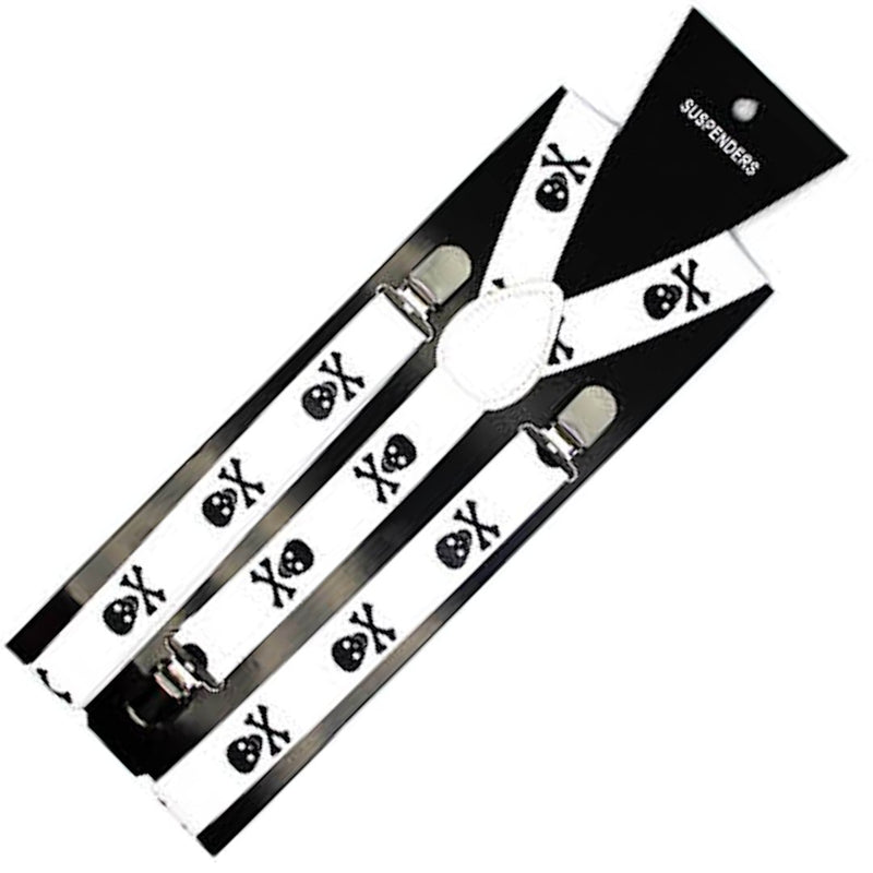 Mens Suspenders Braces Adjustable Strong Clip On Elastic Formal Wedding Slim - White with Black Skulls - NuSea