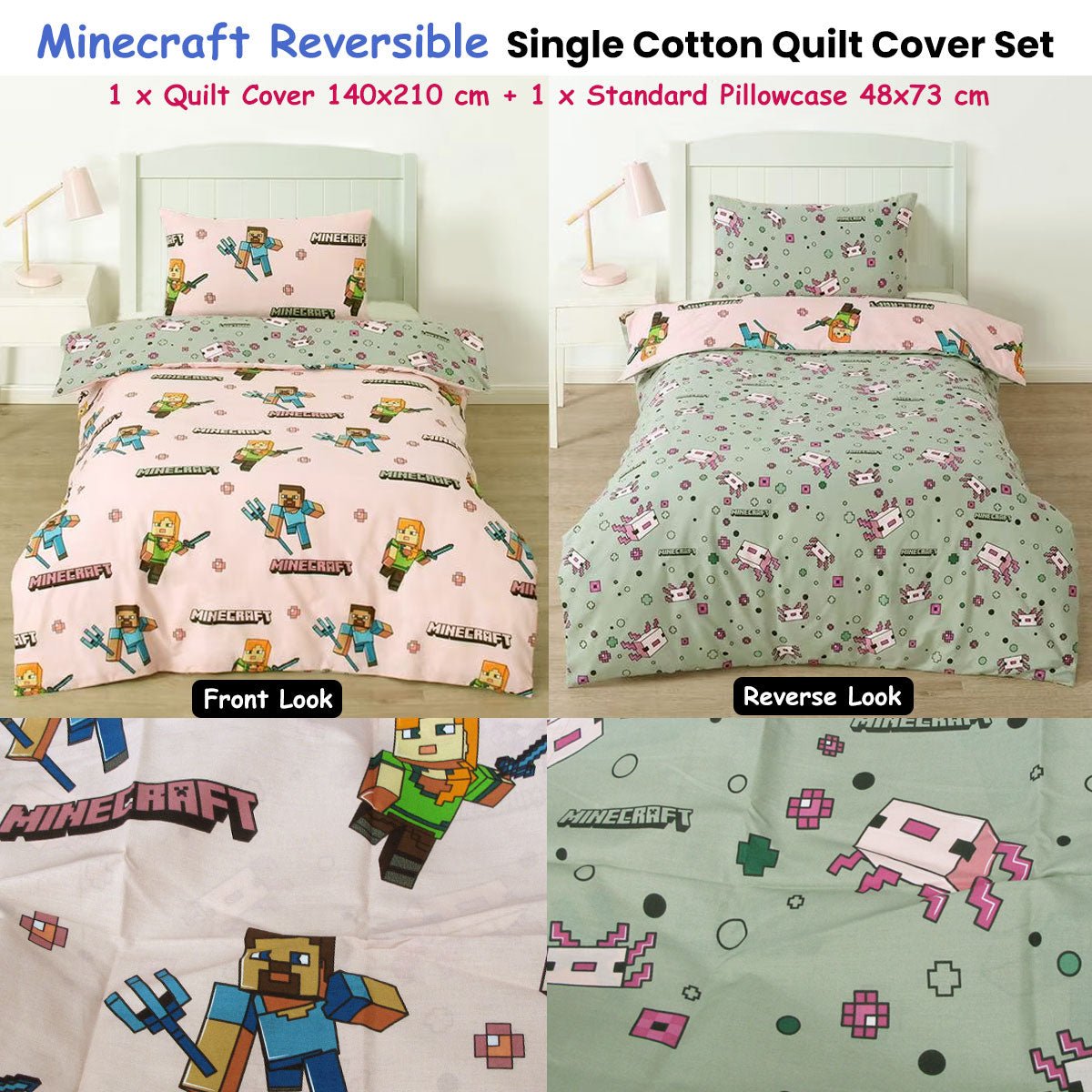 MOJANG Minecraft Reversible Cotton Boys Girls Quilt Cover Set Single - NuSea