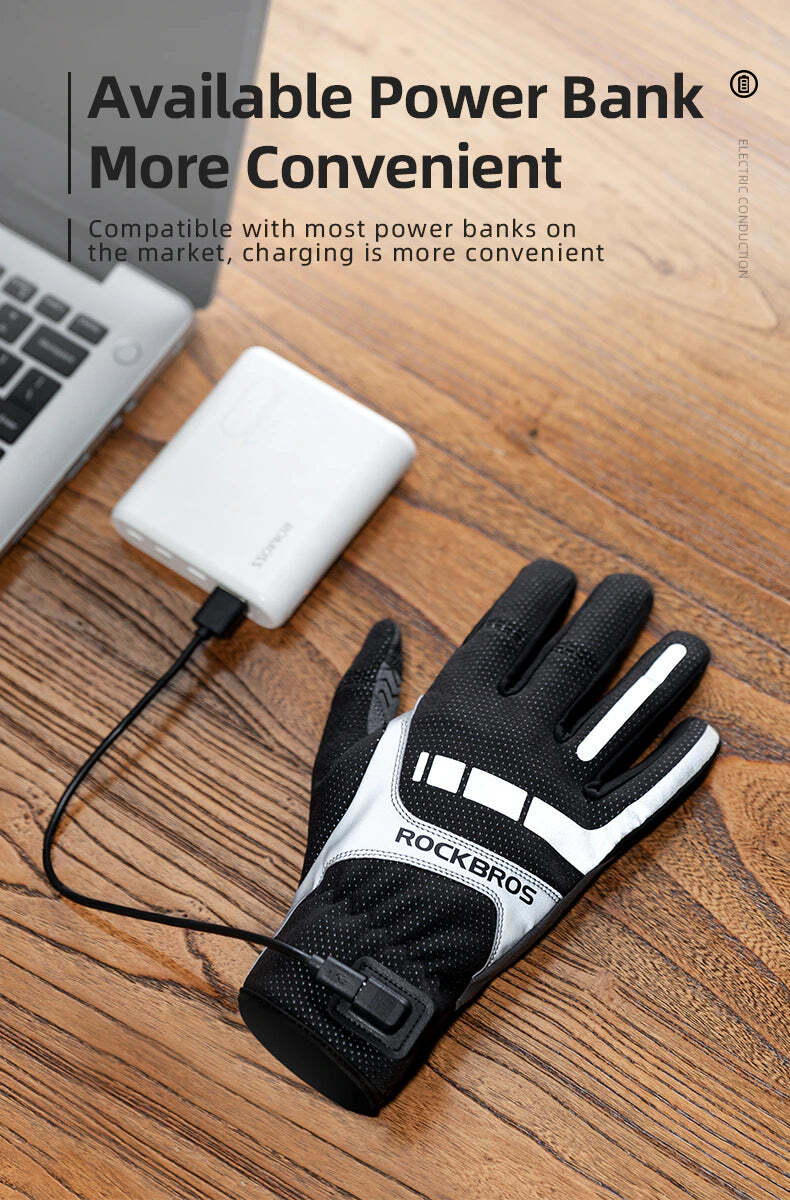 MTB Heated Gloves Large for Mountain Road Bike Breathable Winter Autumn Cycling Camping Running Outdoor Sport Rockbros - NuSea