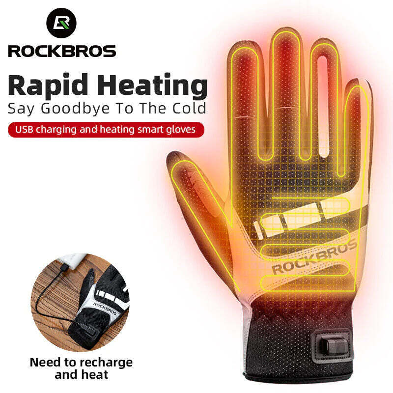 MTB Heated Gloves Large for Mountain Road Bike Breathable Winter Autumn Cycling Camping Running Outdoor Sport Rockbros - NuSea