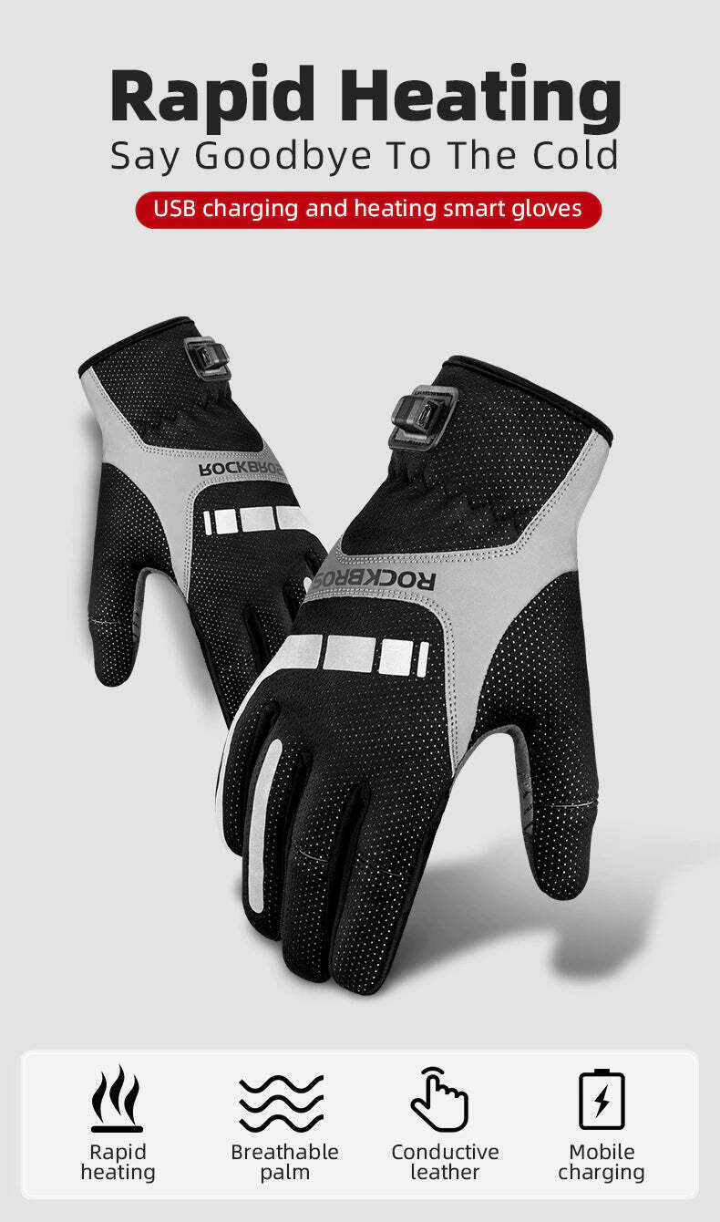 MTB Heated Gloves Large for Mountain Road Bike Breathable Winter Autumn Cycling Camping Running Outdoor Sport Rockbros - NuSea