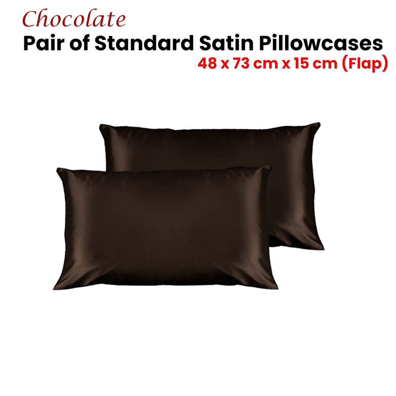 Pair of Satin Standard Pillowcases Chocolate 48 x 73 cm x 15cm (Flap) - NuSea