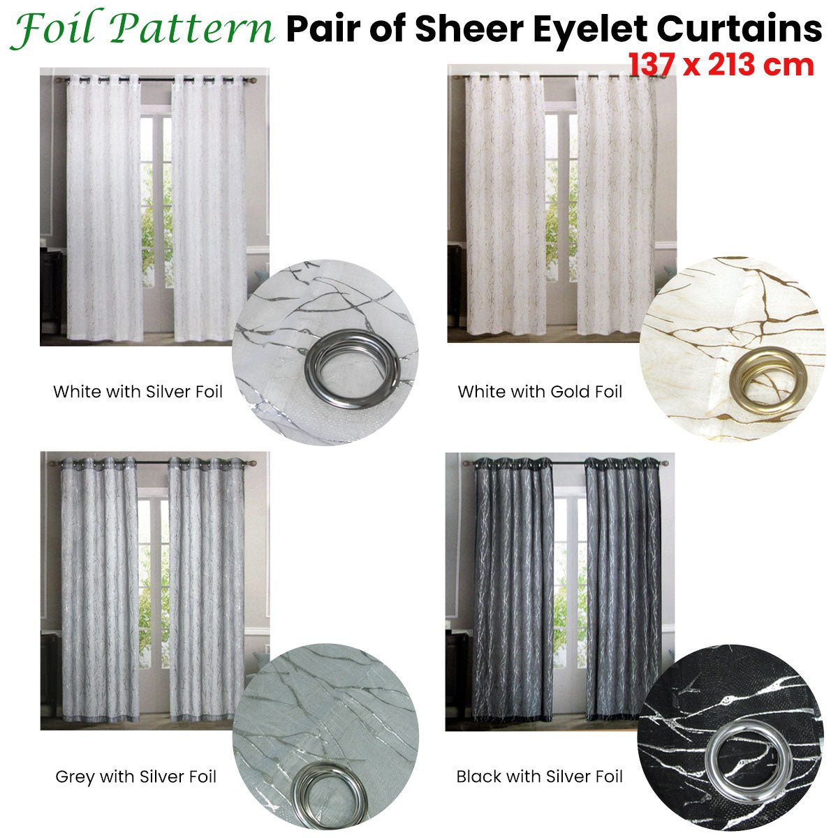 Pair of Sheer Eyelet Curtains Black with Silver Foils 137 x 213 cm - NuSea