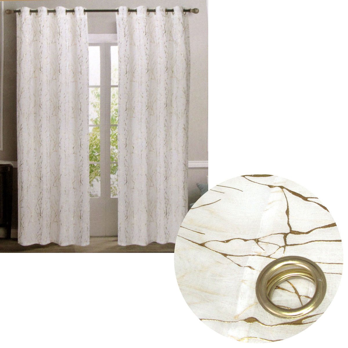 Pair of Sheer Eyelet Curtains White with Gold Foils 137 x 213 cm - NuSea