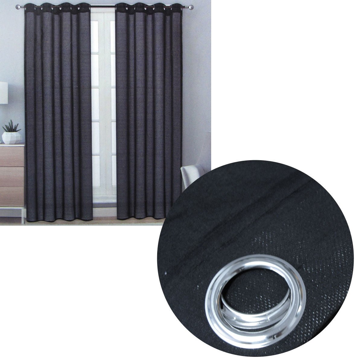 Pair of Solid Colour Sheer Eyelet Curtains 137 x 213 cm Black - NuSea