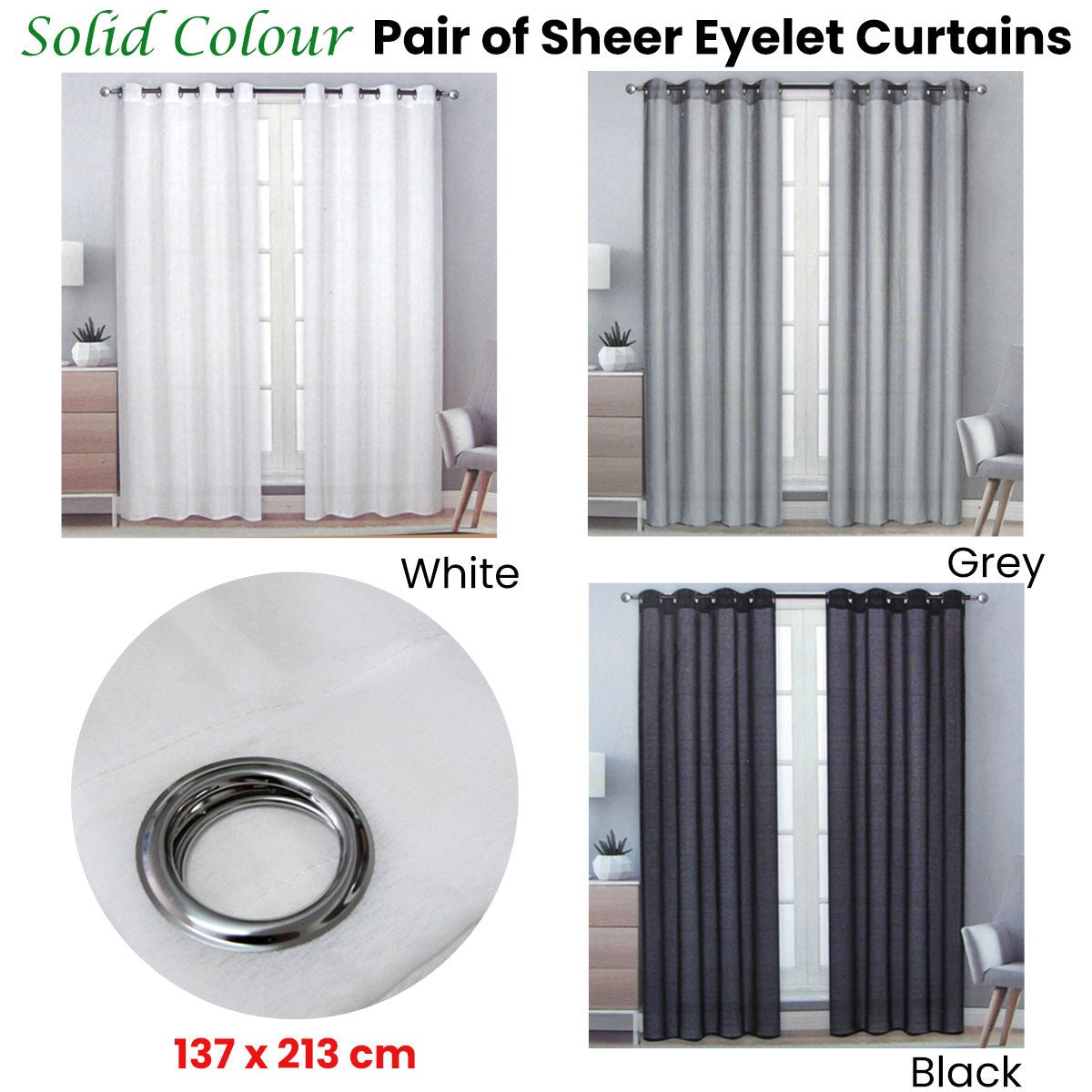 Pair of Solid Colour Sheer Eyelet Curtains 137 x 213 cm Black - NuSea