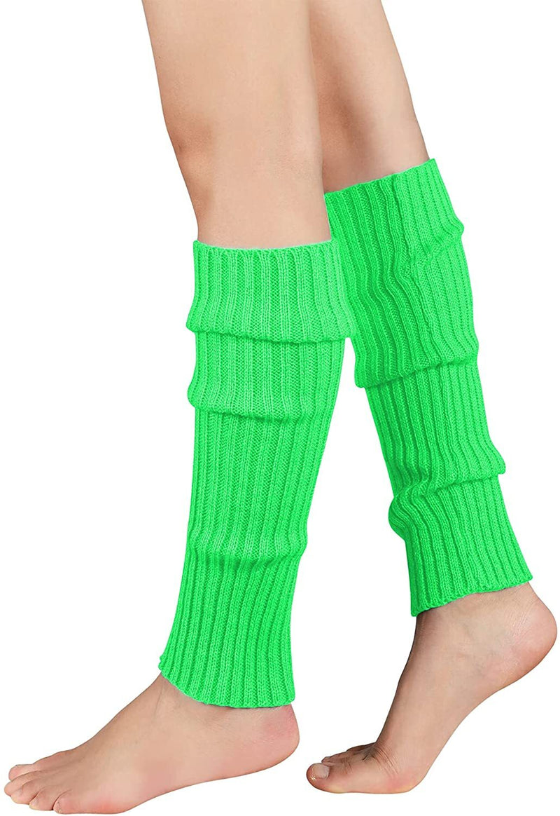 Pair of Womens Leg Warmers Disco Winter Knit Dance Party Crochet Legging Socks Costume - Fluro Green - NuSea