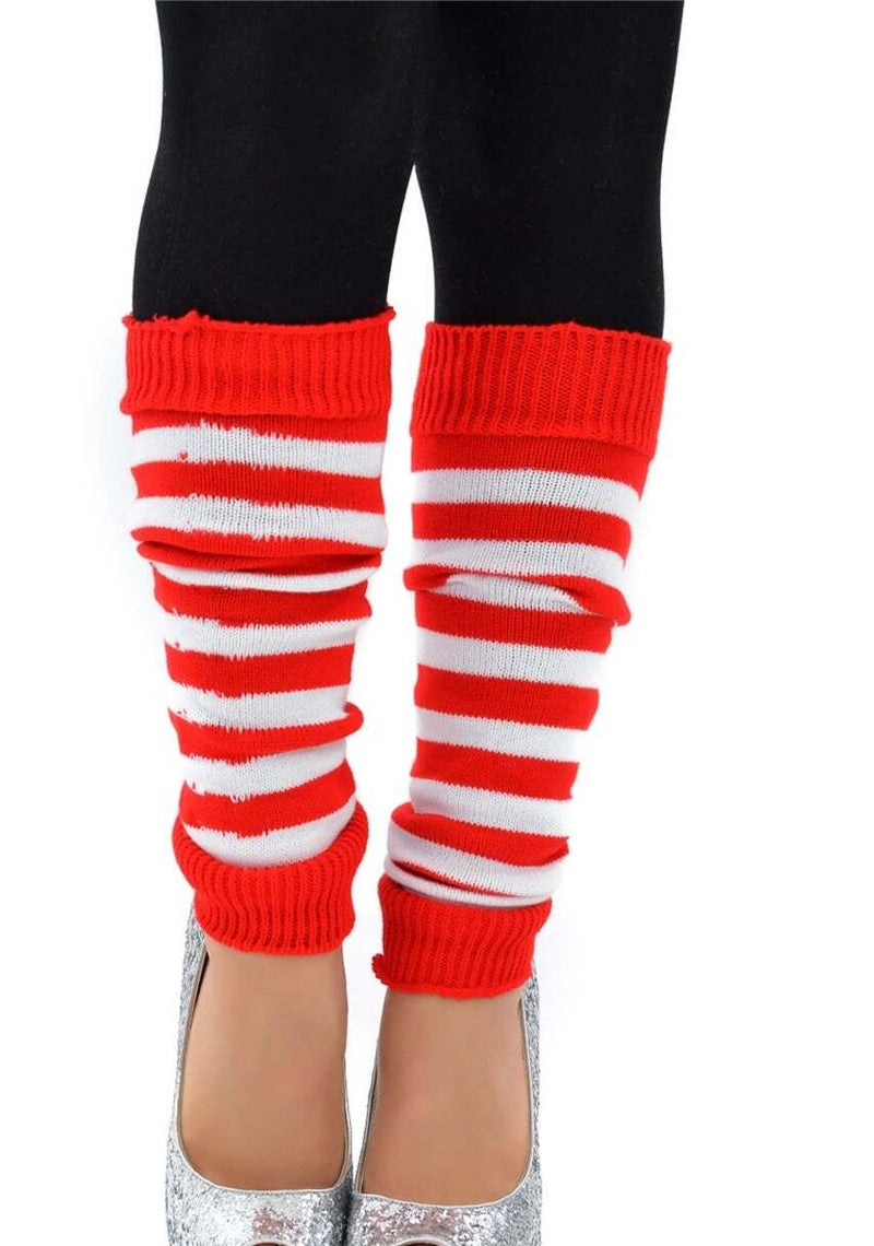 Pair of Womens Leg Warmers Disco Winter Knit Dance Party Crochet Legging Socks Costume - Red/White Stripe - NuSea