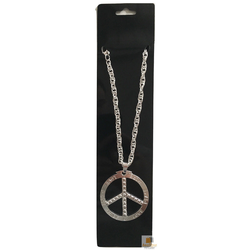 PEACE Sign Metal Necklace Chain Hippie Costume Party Pendant Chain Jewellery 70s 60s - Silver - NuSea