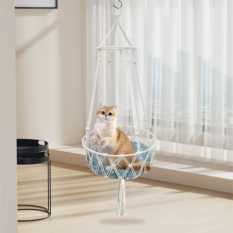 PETSWOL Macrame Cat Hammock - Handwoven Boho Cat Swing For Indoor/Outdoor - NuSea