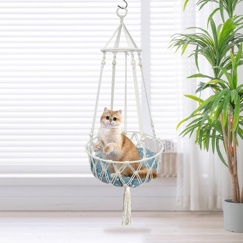 PETSWOL Macrame Cat Hammock - Handwoven Boho Cat Swing For Indoor/Outdoor - NuSea