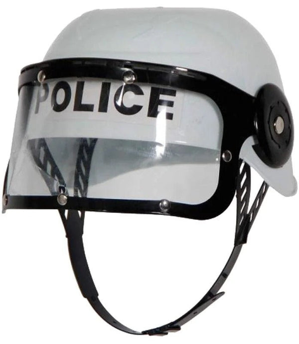 POLICE HAT Plastic Helmet Cap Costume Party w Strap Clear Visor - White - NuSea