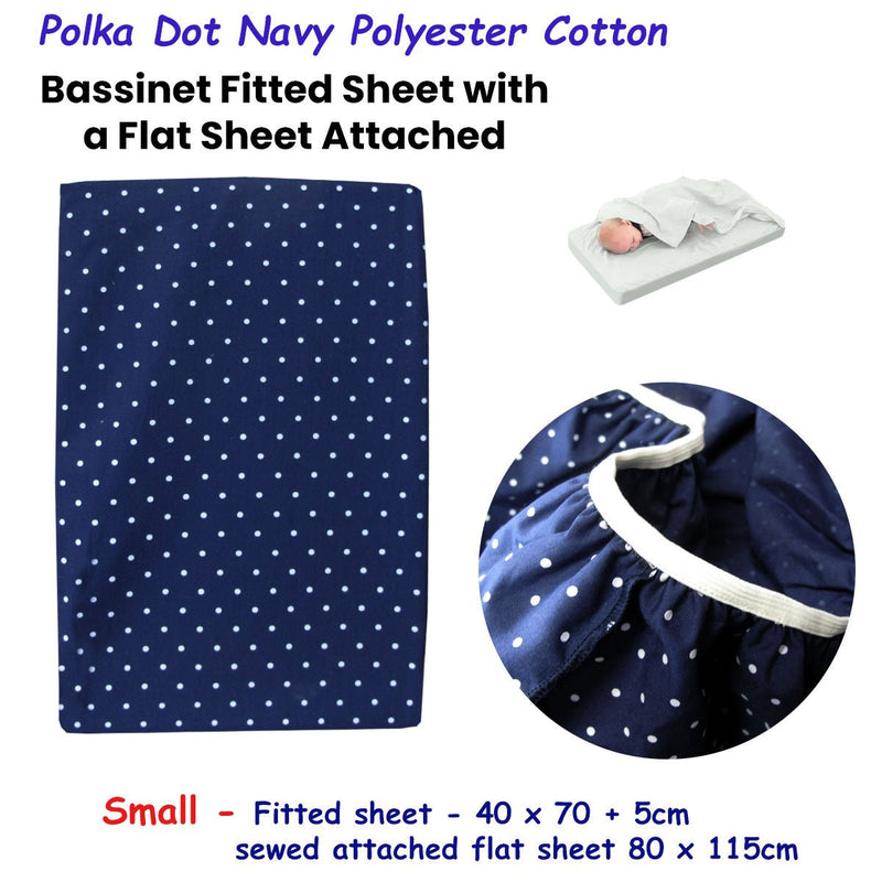 Polka Dot Navy Polyester Cotton Bassinet Fitted Sheet with a Flat Sheet Sewed Attached - NuSea