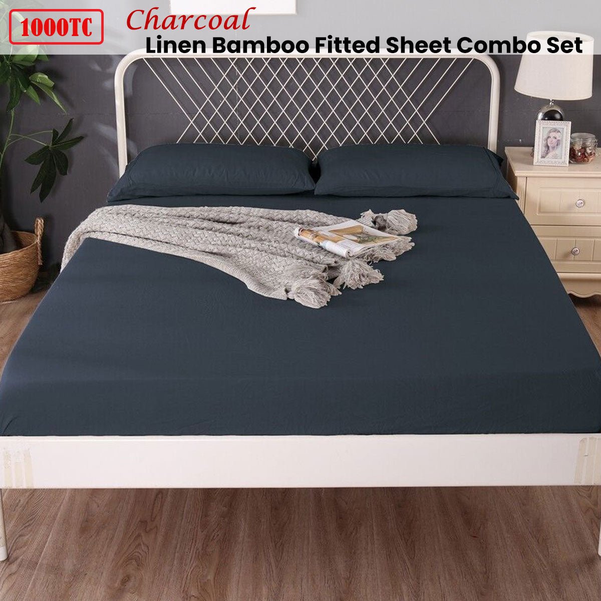 Ramesses 1000TC Linen Bamboo Fitted Sheet Combo Set Charcoal Single - NuSea