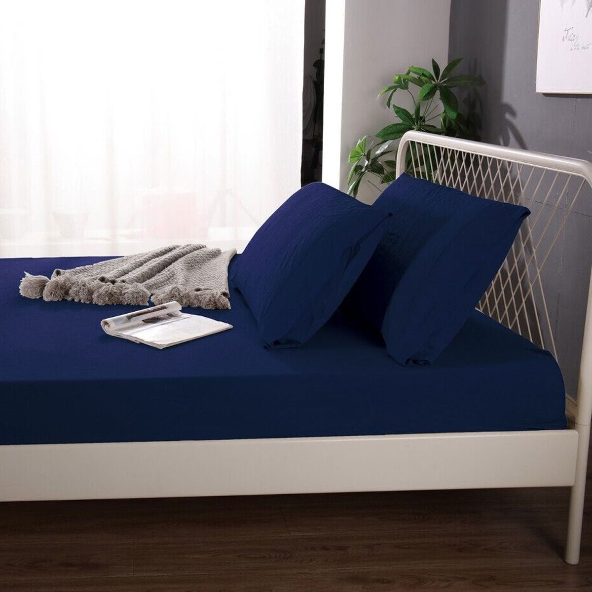 Ramesses 1000TC Linen Bamboo Fitted Sheet Combo Set Deep Blue Double - NuSea