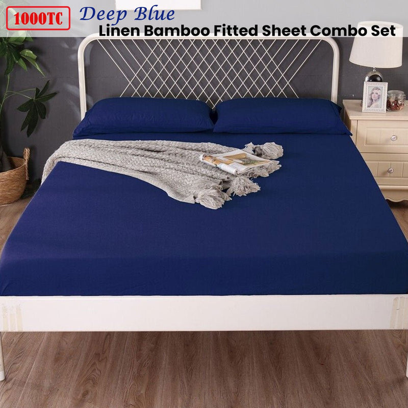 Ramesses 1000TC Linen Bamboo Fitted Sheet Combo Set Deep Blue Queen - NuSea