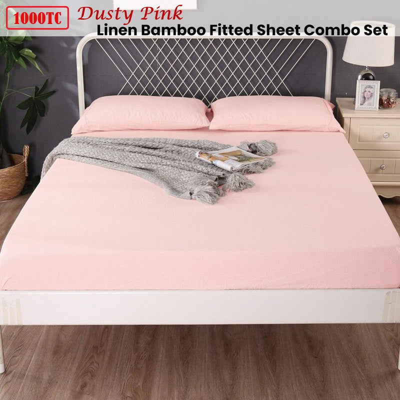 Ramesses 1000TC Linen Bamboo Fitted Sheet Combo Set Dusty Pink Double - NuSea