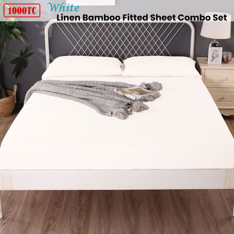Ramesses 1000TC Linen Bamboo Fitted Sheet Combo Set White Double - NuSea